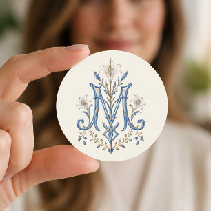 Blue Marian Monogram Catholic Lilies Classic Round Sticker