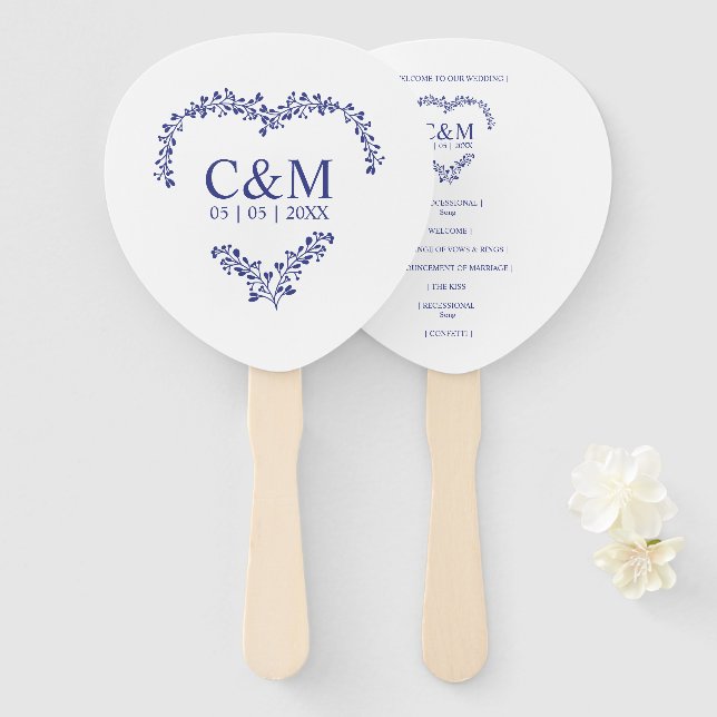 Blue Marine Branches Heart with Initials Hand Fan (Front and Back)