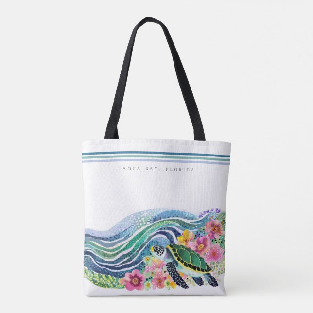 Blue Marine Happy Turtle & Waves Custom Tote Bag (Back)