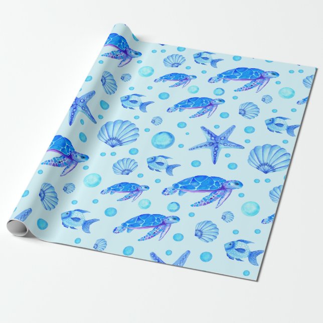 Blue Marine Life - Turtles, Fish and Seashells  Wrapping Paper (Unrolled)