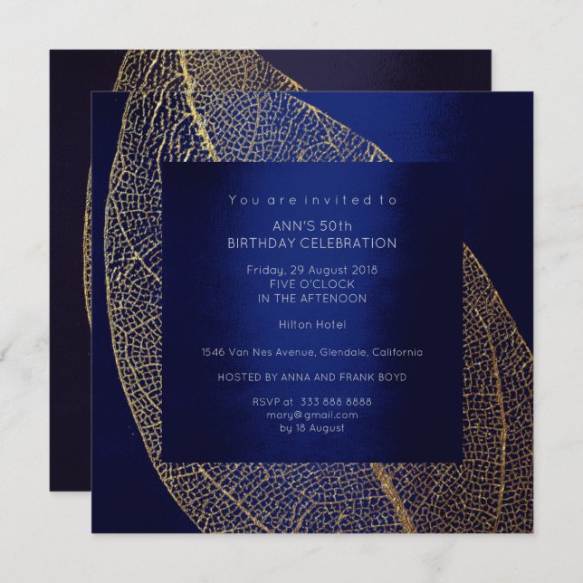 Blue Marine Navy Leaf Gold Birthday Party Invitation (Front/Back)