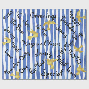 Blue Marine Painted White Stripes Golden Birds Wrapping Paper
