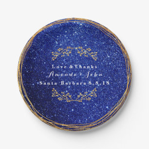 Blue Marine Sapphire Gold Floral Glitter Wedding Paper Plate