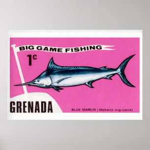 Blue Marlin Art Print Vintage Grenada Postage