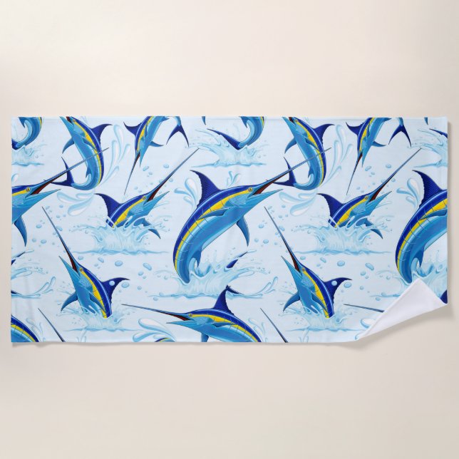 Blue Marlin Jumping out of Ocean Beach Towel (Front)