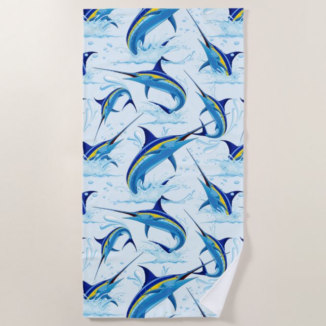 Blue Marlin Jumping out of Ocean Beach Towel (Front)