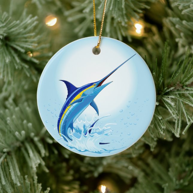 Blue Marlin Jumping out of Ocean Ceramic Ornament (Tree)