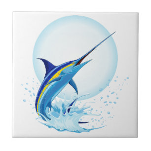Blue Marlin Jumping out of Ocean Ceramic Tile