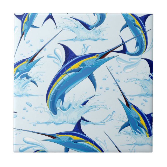 Blue Marlin Jumping out of Ocean Ceramic Tile (Front)