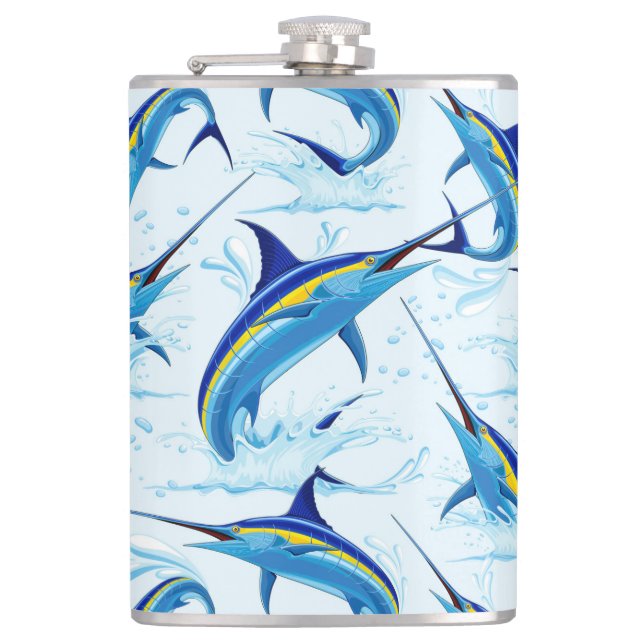 Blue Marlin Jumping out of Ocean Hip Flask (Front)