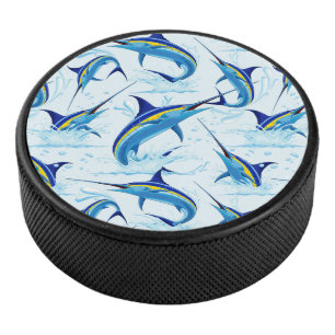 Blue Marlin Jumping out of Ocean Hockey Puck
