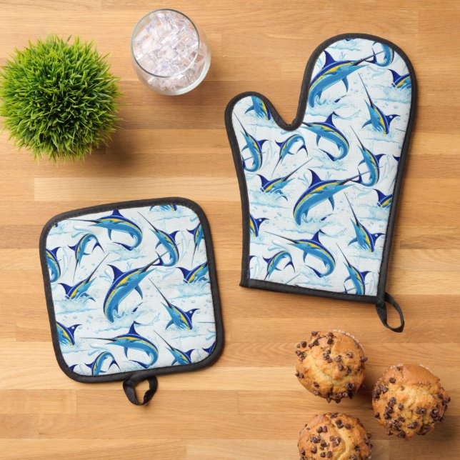 Blue Marlin Jumping out of Ocean Oven Mitt & Pot Holder Set (Top Down)