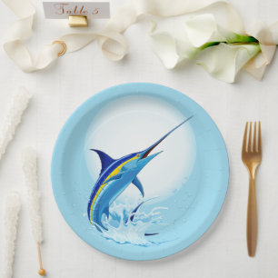 Blue Marlin Jumping out of Ocean Paper Plate