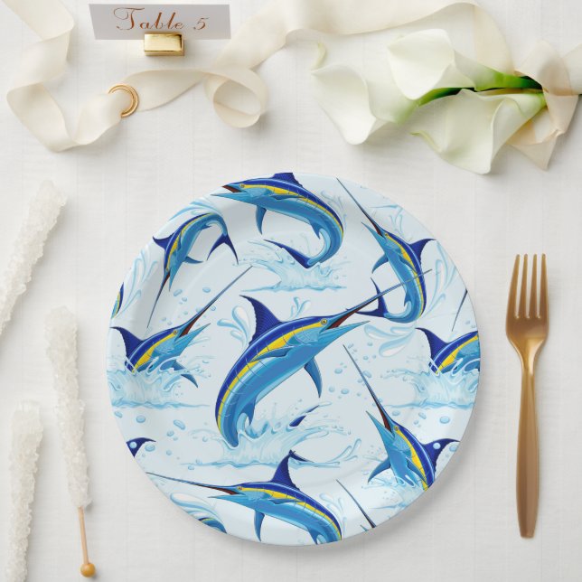 Blue Marlin Jumping out of Ocean Paper Plate (Wedding)