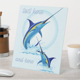Blue Marlin Jumping out of Ocean Pedestal Sign