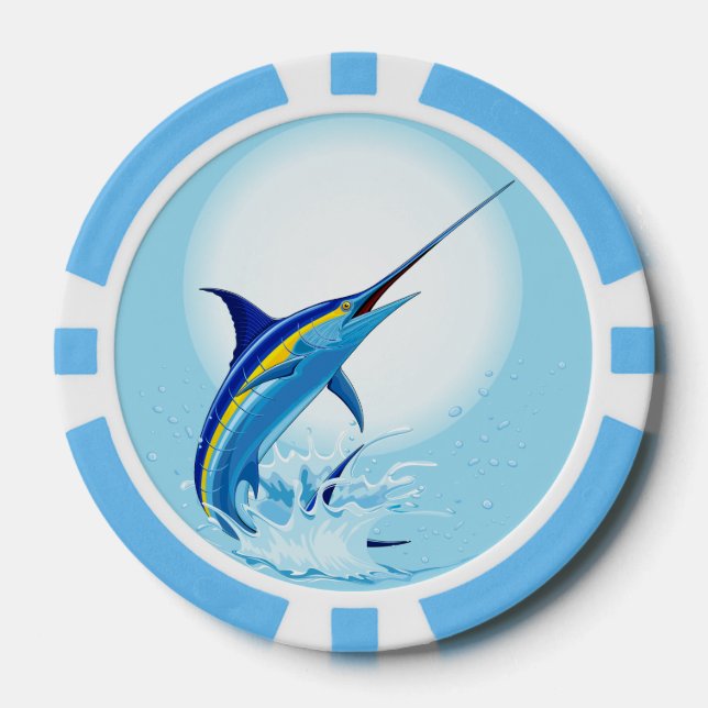 Blue Marlin Jumping out of Ocean Poker Chips (Front)