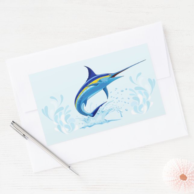 Blue Marlin Jumping out of Ocean Rectangular Sticker (Envelope)