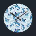 Blue Marlin Jumping out of Ocean Round Clock<br><div class="desc">Realistic illustration of a beautiful Marlin Fish Ocean Animal jumping out of ocean. Vector Art copyright BluedarkArt TheChameleonArt.</div>
