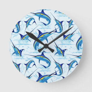 Blue Marlin Jumping out of Ocean Round Clock