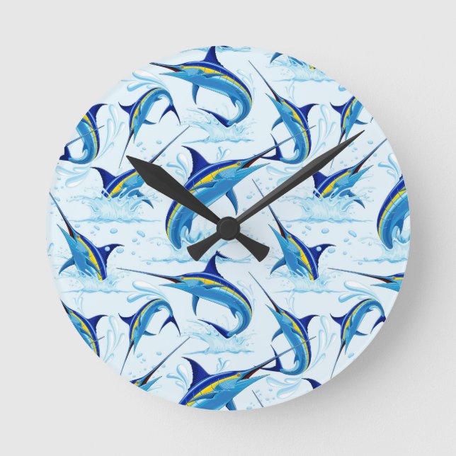 Blue Marlin Jumping out of Ocean Round Clock (Front)