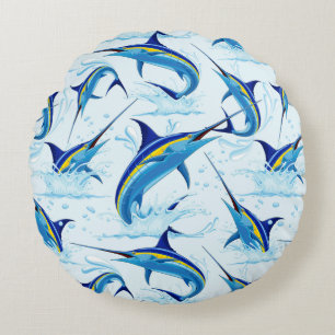 Blue Marlin Jumping out of Ocean Round Cushion