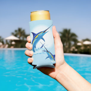 Blue Marlin Jumping out of Ocean Seltzer Can Cooler