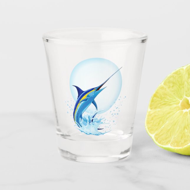 Blue Marlin Jumping out of Ocean Shot Glass (Front)