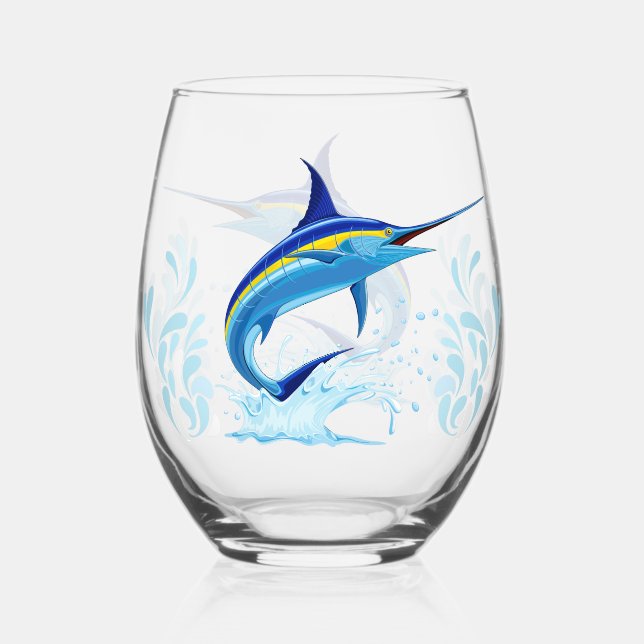 Blue Marlin Jumping out of Ocean Stemless Wine Glass (Front)