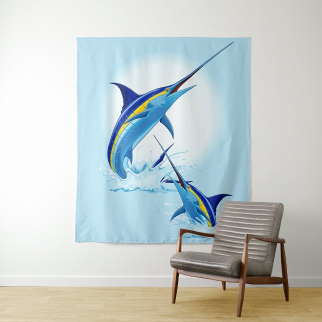 Blue Marlin Jumping out of Ocean Tapestry (In Situ)