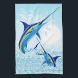 Blue Marlin Jumping out of Ocean Tea Towel<br><div class="desc">Realistic illustration of a beautiful Marlin Fish Ocean Animal jumping out of ocean. Vector Art copyright BluedarkArt TheChameleonArt.</div>