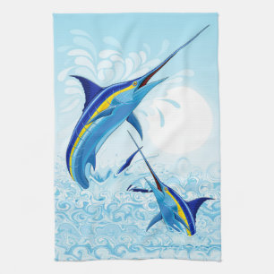 Blue Marlin Jumping out of Ocean Tea Towel