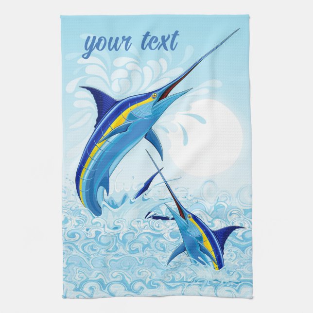 Blue Marlin Jumping out of Ocean Tea Towel (Vertical)