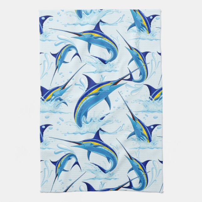 Blue Marlin Jumping out of Ocean Tea Towel (Vertical)