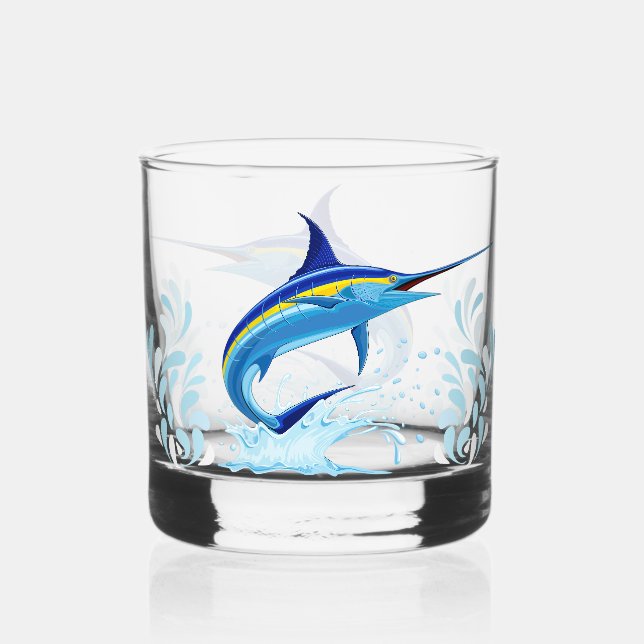Blue Marlin Jumping out of Ocean Whiskey Glass (Front)