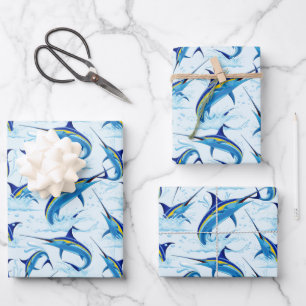 Blue Marlin Jumping out of Ocean Wrapping Paper Sheet