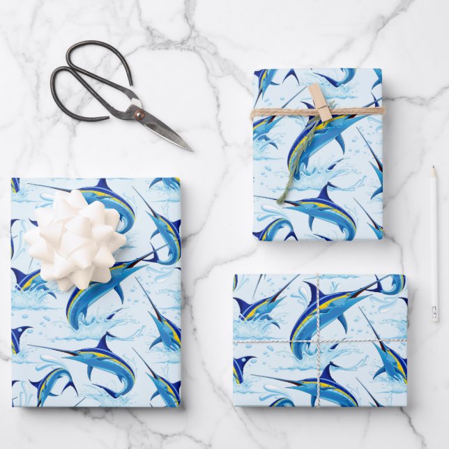Blue Marlin Jumping out of Ocean Wrapping Paper Sheet (Front)