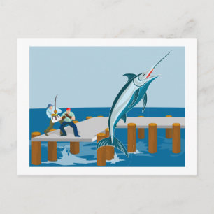 Blue marlin jumping with fisherman postcard