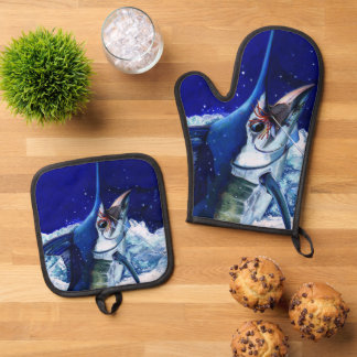 Blue Marlin Oven Mitt & Pot Holder Set