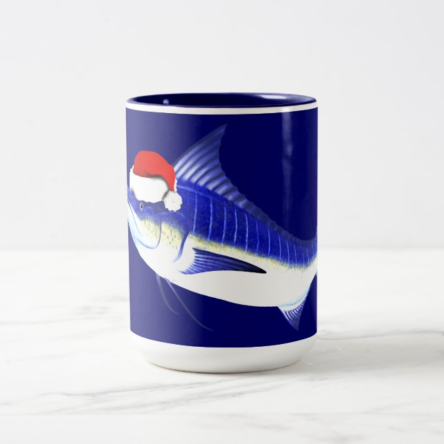 Blue Marlin Santa Claus Two-Tone Coffee Mug (Center)