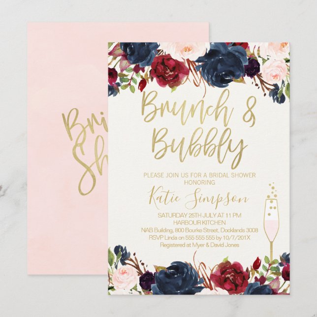 Blue Maroon Floral Brunch Bridal Shower Invitation (Front/Back)