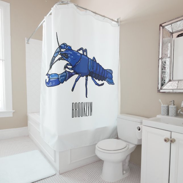 Blue marron crayfish cartoon illustration shower curtain (In Situ)