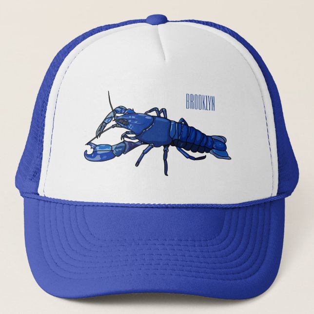Blue marron crayfish cartoon illustration trucker hat (Front)