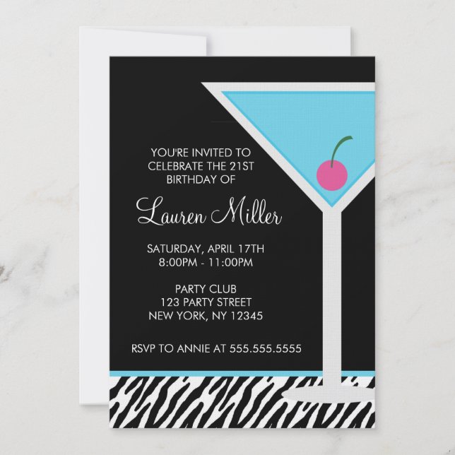 Blue Martini and Zebra Pattern Invitation (Front)
