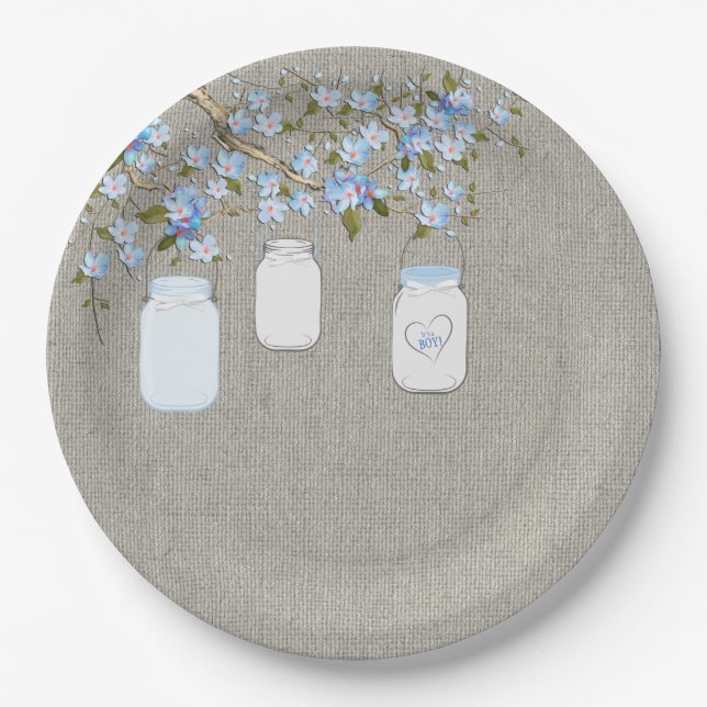 Blue Mason Jar Burlap Boys Baby Shower Paper Plate (Front)