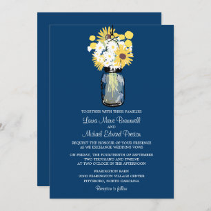 Blue Mason Jar Daisies Yellow Sunflowers Wedding Invitation