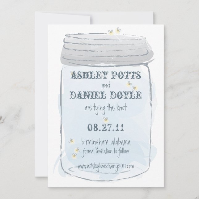 Blue Mason Jar & Fireflies Save the Date (Front)