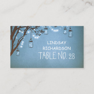 Blue Mason Jar Fireflies String Lights Escort Place Card