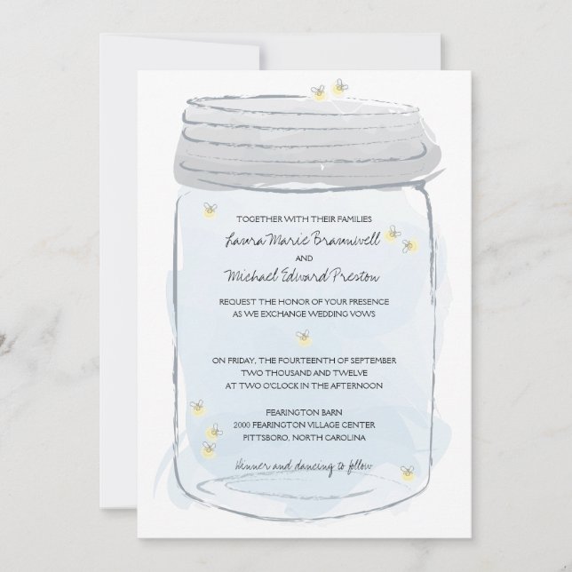 Blue Mason Jar & Fireflies Wedding Invitation (Front)