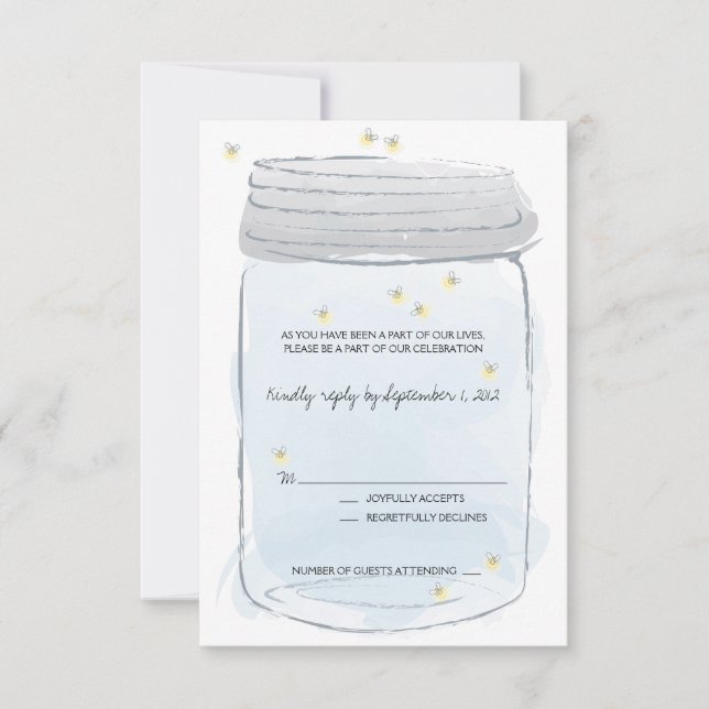 Blue Mason Jar & Fireflies Wedding RSVP (Front)