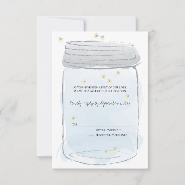 Blue Mason Jar & Fireflies Wedding RSVP Card (Front)